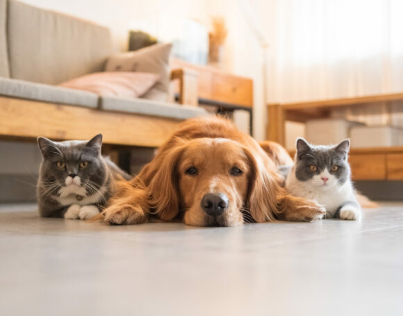 Golden Hound and British short-haired cat